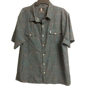 Raised By Coyotes Western Pearl Snap Shirt Teal Paisley Short Sleeve XL
